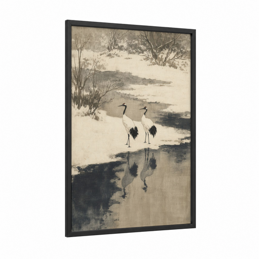 Riverside Cranes framed art print — black wood frame — gray and white and black and white palette