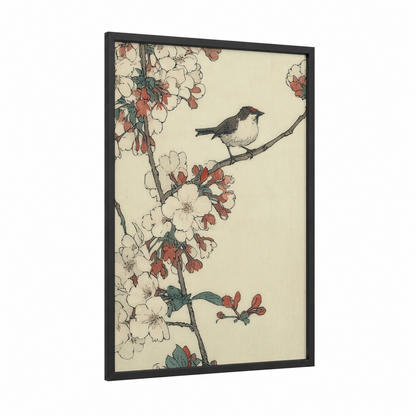 Spring Songbird framed art print — black wood frame — cream and russet palette