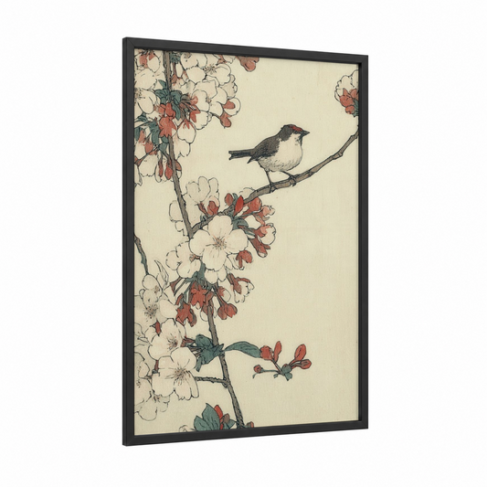 Spring Songbird framed art print — black wood frame — cream and russet palette