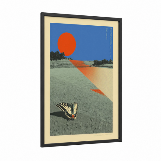 Sunset Butterfly Field framed japanese y2k print — black wood frame — blue and orange palette