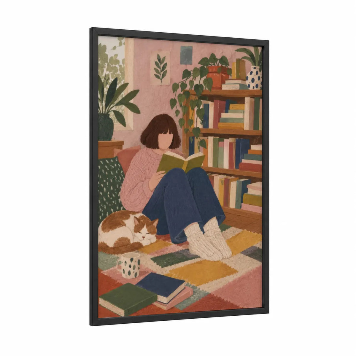 Cozy Reading Nook With Cat Wall Art framed art print — black wood frame — pink and blue palette