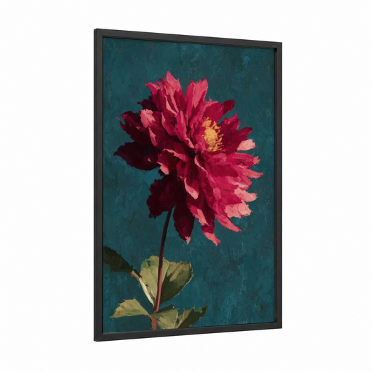 Crimson Dahlia framed art print — black wood frame — magenta and teal palette