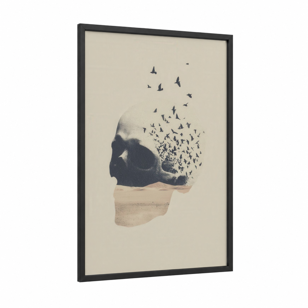 Ethereal Skull framed art print — black wood frame — cream and black palette