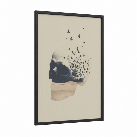 Ethereal Skull framed art print — black wood frame — cream and black palette