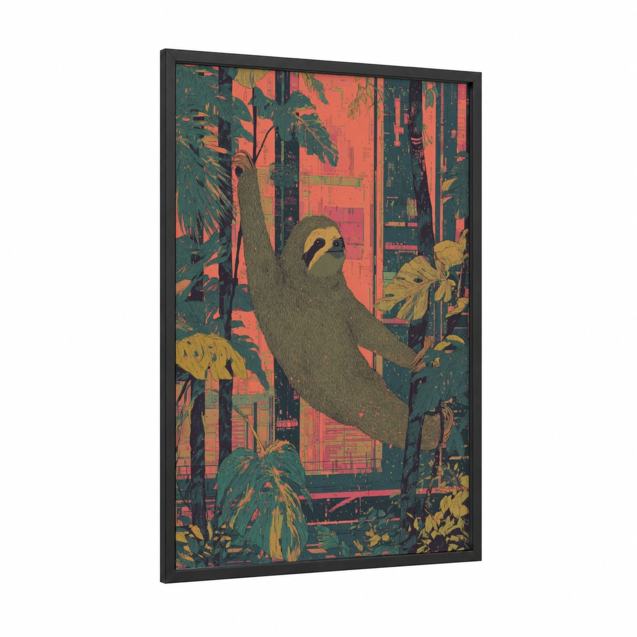 Urban Sloth framed art print — black wood frame — orange and teal palette