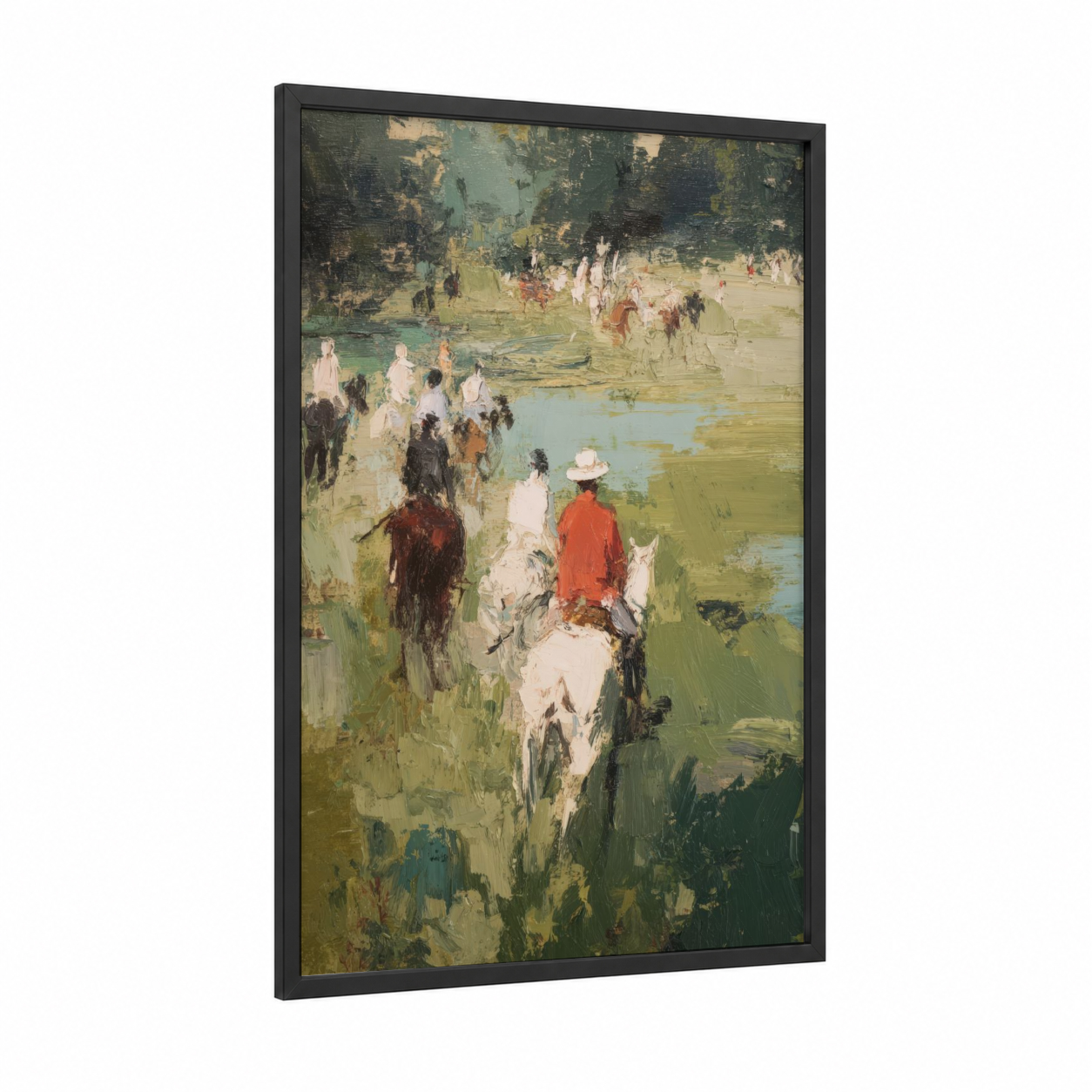 Riverside Riders framed horseback print — black wood frame — green and cream palette
