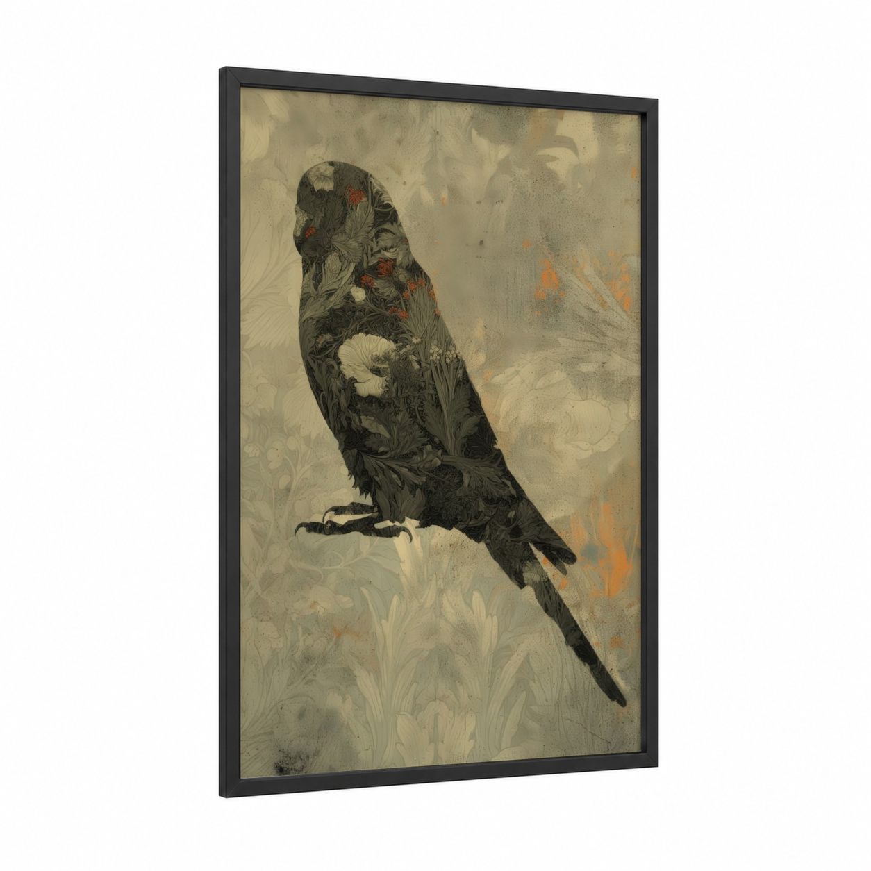 Ornamental Budgerigar framed budgeridar print — black wood frame — cream and russet palette