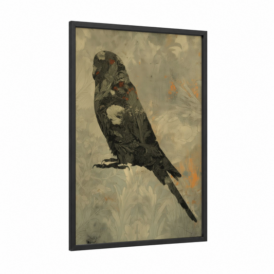 Ornamental Budgerigar framed budgeridar print — black wood frame — cream and russet palette