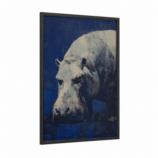 Nocturnal Hippo framed art print — black wood frame — dark blue and black and white palette