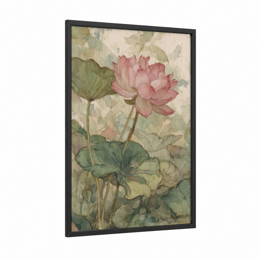 Pink Lotus Bloom framed art print — black wood frame — pink and sage green palette
