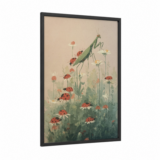 Meadow Mantis framed prayin mantis print — black wood frame — cream and light green palette