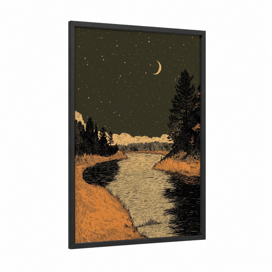 Moonlit River Landscape framed rivers print — black wood frame — olive and gold palette