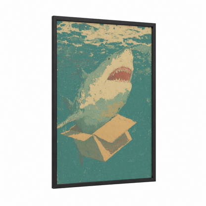 Vintage Shark framed sand tiger shark print — black wood frame — teal and cream palette