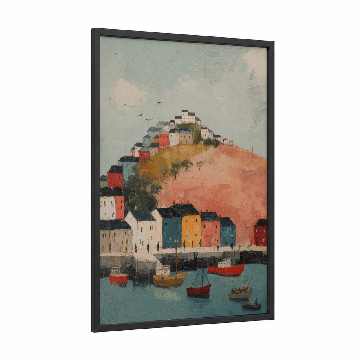 Hillside Harbor framed port print — black wood frame — russet and teal palette