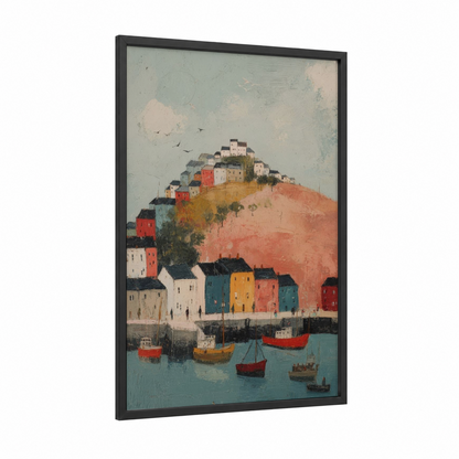 Hillside Harbor framed port print — black wood frame — russet and teal palette