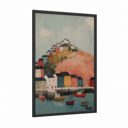Hillside Harbor framed port print — black wood frame — russet and teal palette