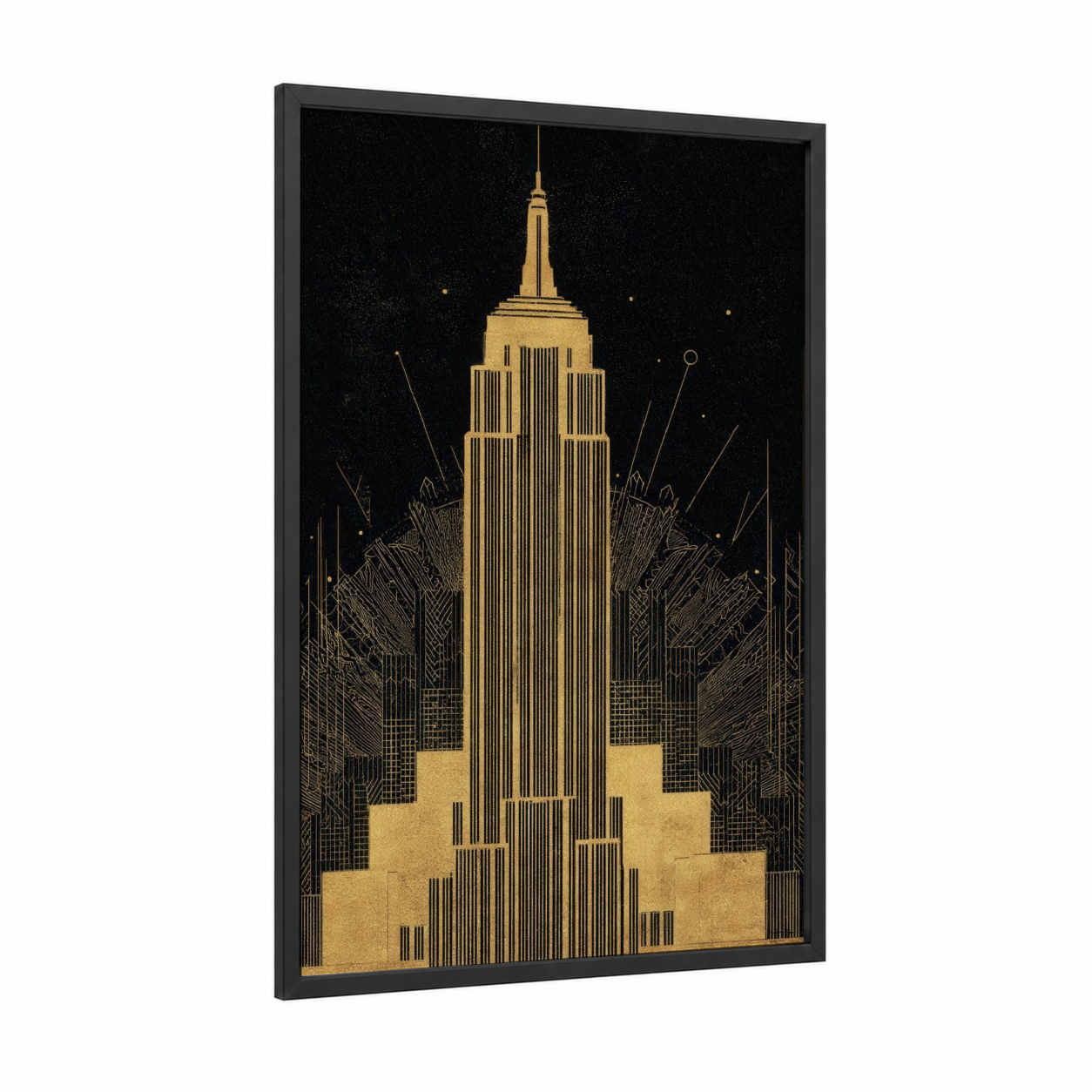 Golden Empire framed empire state building print — black wood frame — gold and black palette