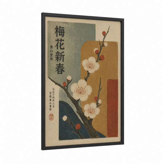 Japanese Cherry Blossom Vintage Wall Art framed cherry blossoms print — black wood frame — beige and blue palette