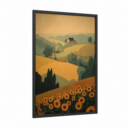 Golden Sunflower Field framed art print — black wood frame — yellow gold and olive palette
