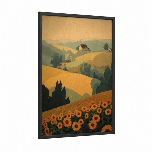 Golden Sunflower Field framed art print — black wood frame — yellow gold and olive palette