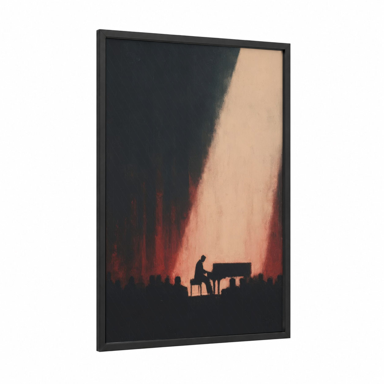 Solitary Pianist framed musician print — black wood frame — black and gold and maroon palette