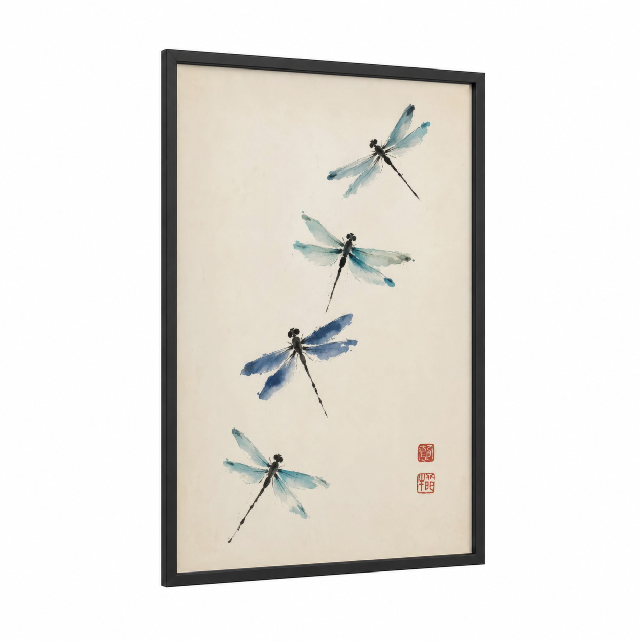 Japanese Dragonfly Minimalist Wall Art framed art print — black wood frame — blue and beige palette