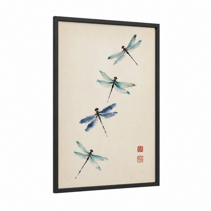 Japanese Dragonfly Minimalist Wall Art framed art print — black wood frame — blue and beige palette