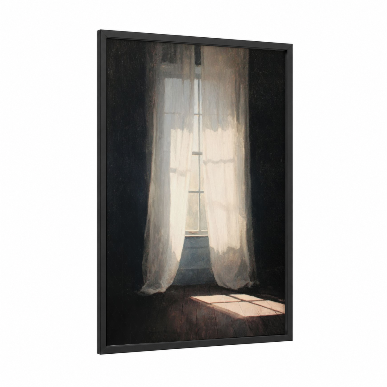 Sunlit Window framed art print — black wood frame — white and gray palette