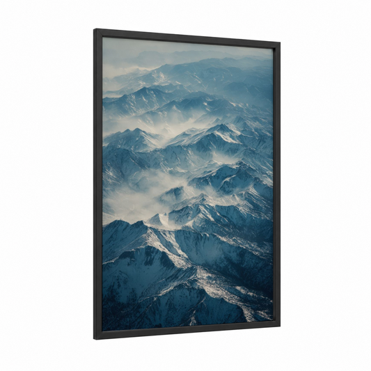 Snowy Sierra Nevada framed art print — black wood frame — blue and white palette