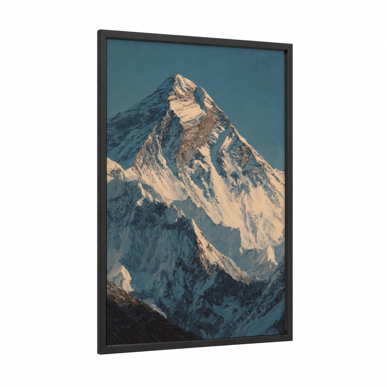 Golden Summit framed mount everest print — black wood frame — blue and white and gold palette