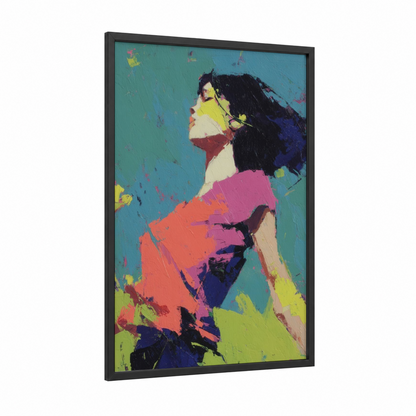 Vibrant Zumba Dancer framed art print — black wood frame — teal and magenta palette