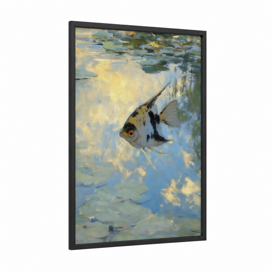 Lily Pad Angelfish framed angel fish print — black wood frame — blue and gold palette