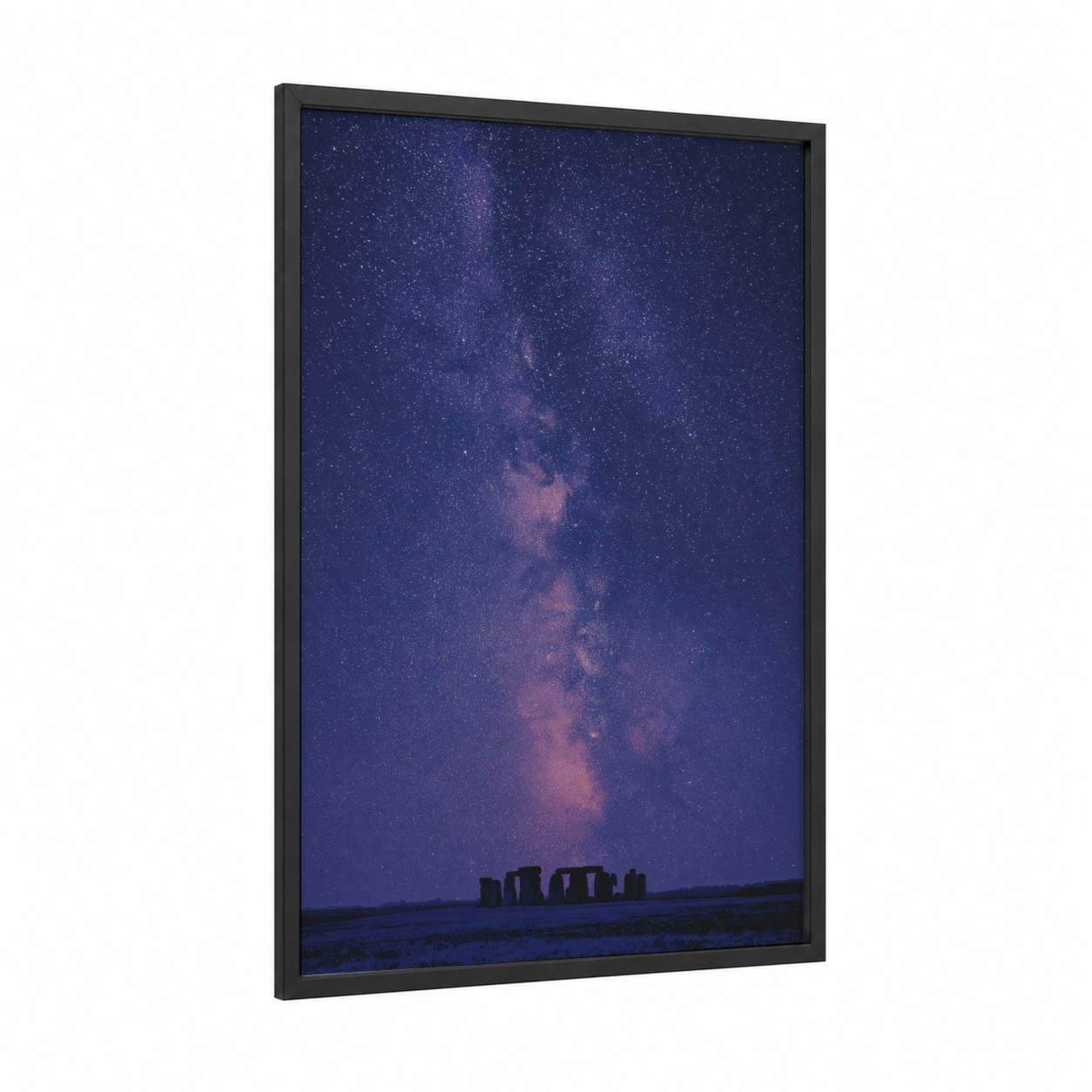Cosmic Stonehenge framed monuments print — black wood frame — dark blue and purple palette
