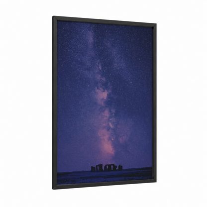 Cosmic Stonehenge framed monuments print — black wood frame — dark blue and purple palette