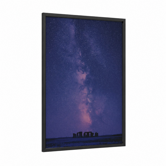 Cosmic Stonehenge framed monuments print — black wood frame — dark blue and purple palette