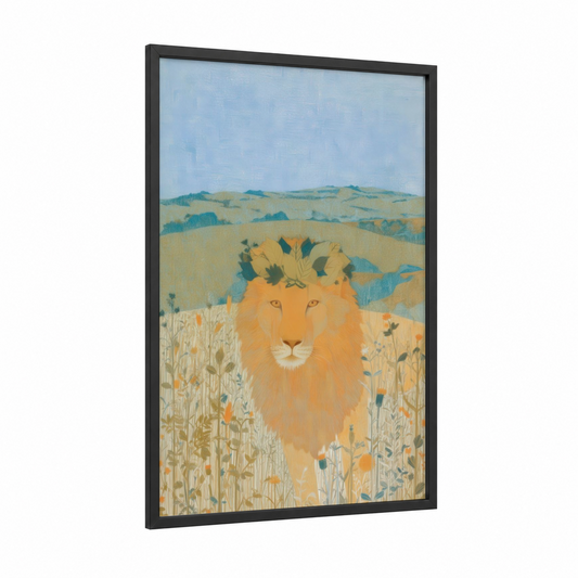Golden Field Lion framed art print — black wood frame — gold and blue and white palette