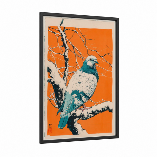 Turquoise Pigeon framed art print — black wood frame — orange and teal palette