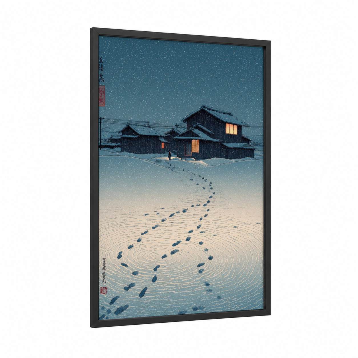 Snowy Village Night framed winter print — black wood frame — dark blue and cream palette