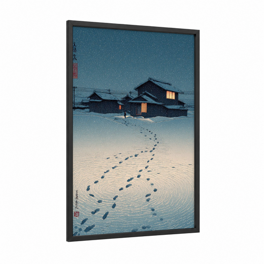 Snowy Village Night framed winter print — black wood frame — dark blue and cream palette
