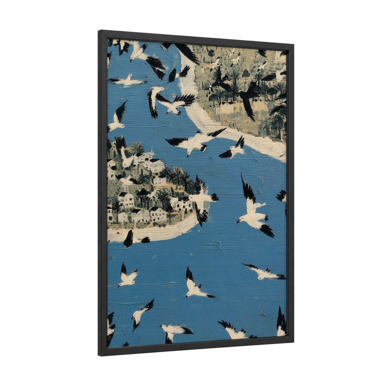 Coastal Seagulls framed art print — black wood frame — blue and cream palette