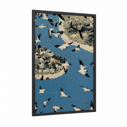 Coastal Seagulls framed art print — black wood frame — blue and cream palette