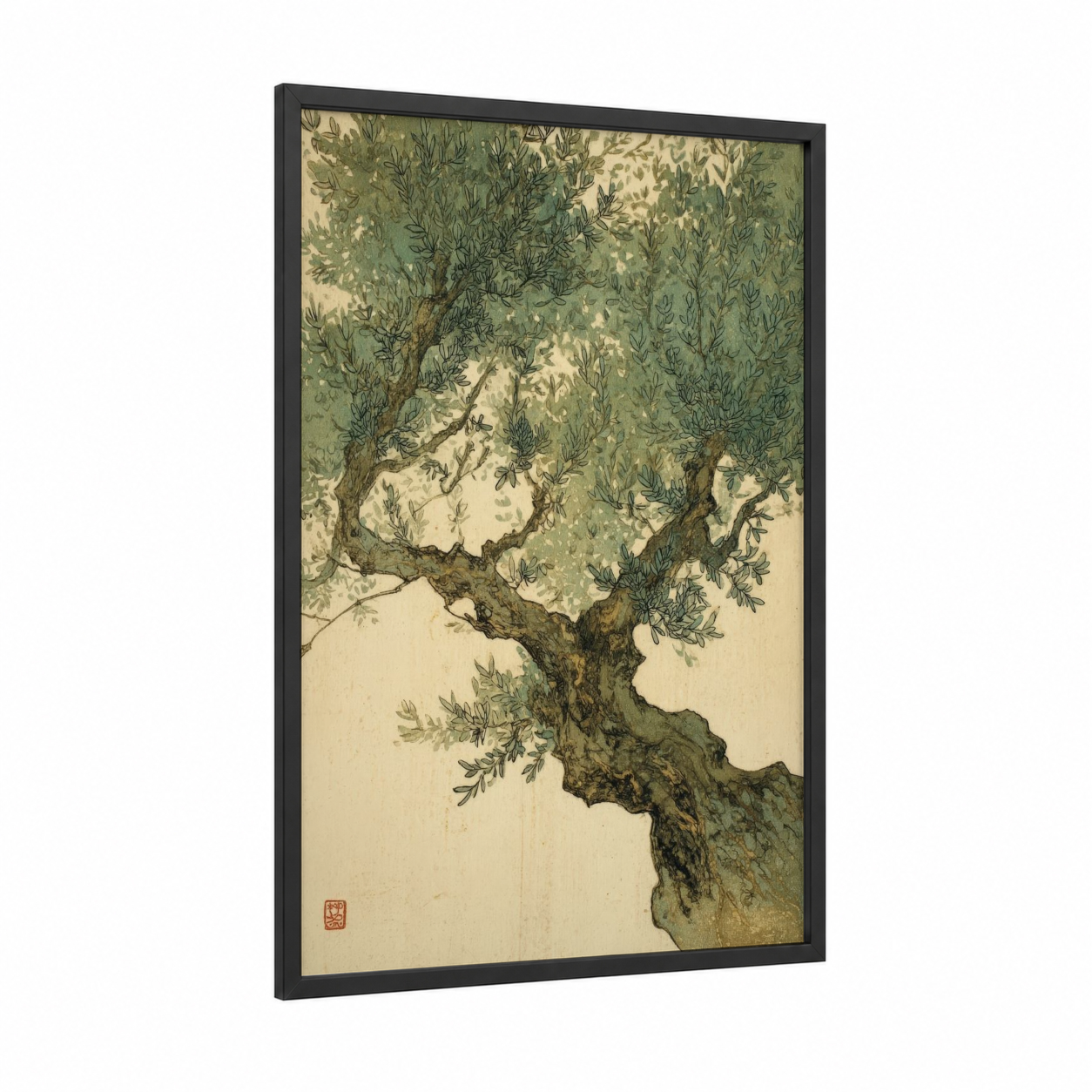 Ancient Olive Tree framed art print — black wood frame — green and cream palette
