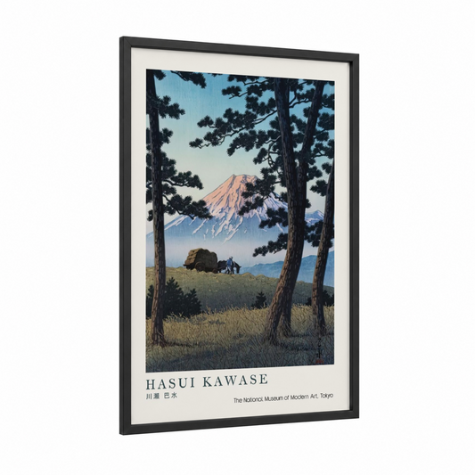 Mount Fuji Vista framed art print — black wood frame — blue and black and white palette