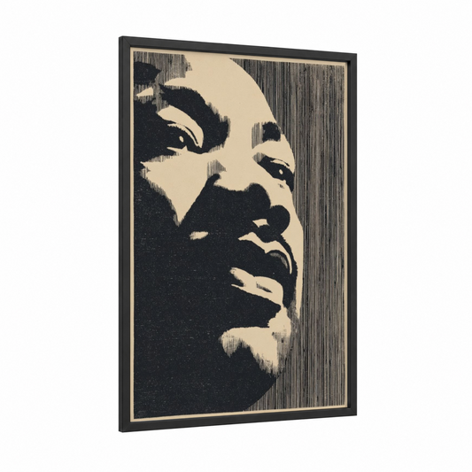 MLK Jr. Portrait framed martin luther king jr day print — black wood frame — black and white palette