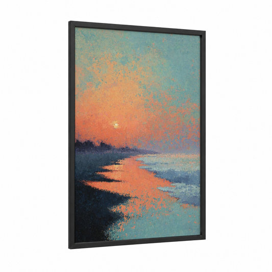 Sunset Beach Reflection framed sandy beach print — black wood frame — orange and teal palette