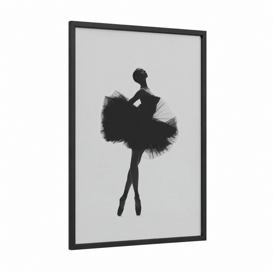 Graceful Ballet Silhouette framed art print — black wood frame — black and white palette