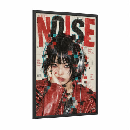 Japanese Y2K Fashion Headphones Wall Art framed fashion illustration print — black wood frame — red and black and red palette
