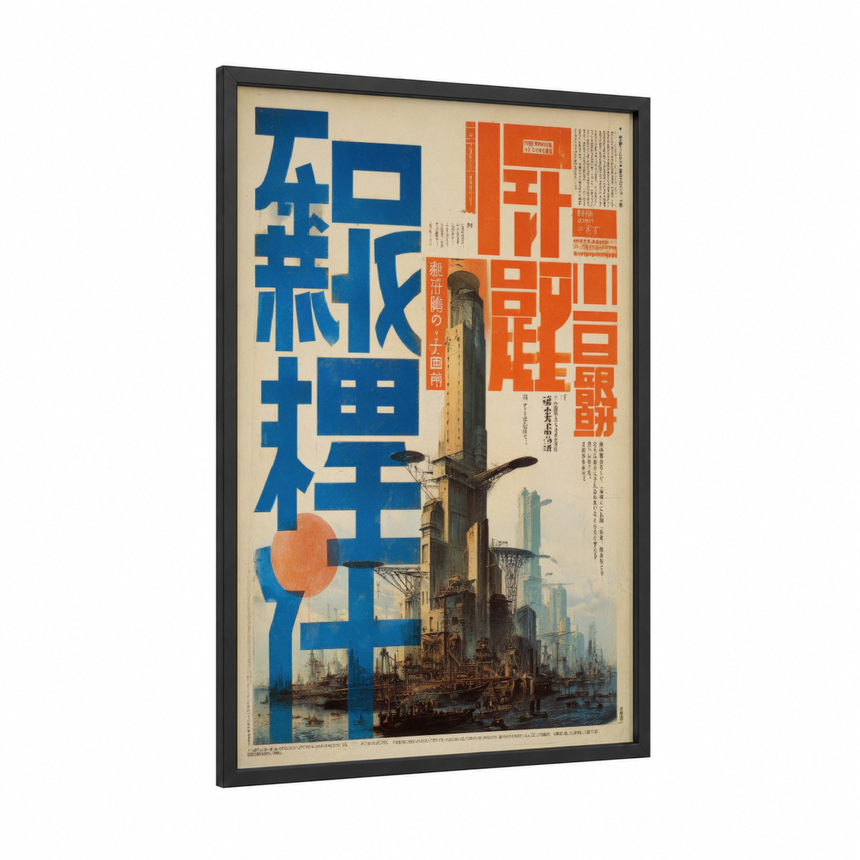 Industrial Tokyo Futurism framed japanese retrofuturism print — black wood frame — blue and orange palette