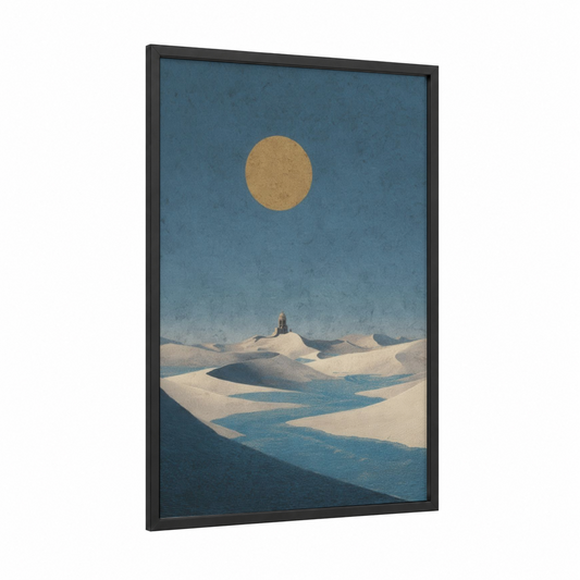 Desert Lighthouse Dream framed dreamscape print — black wood frame — blue and cream palette