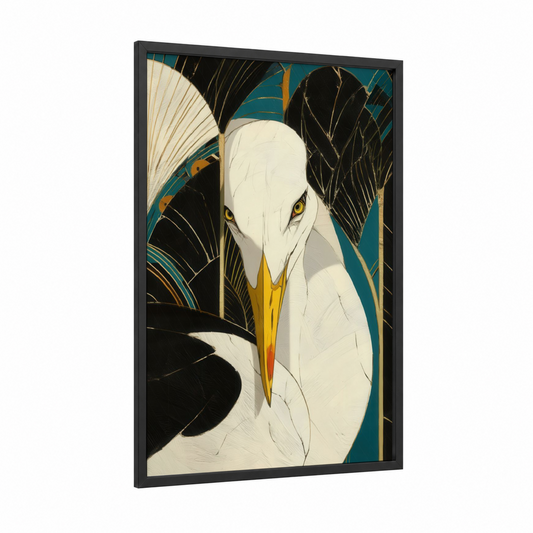 Golden Seagull framed art print — black wood frame — teal and gold palette